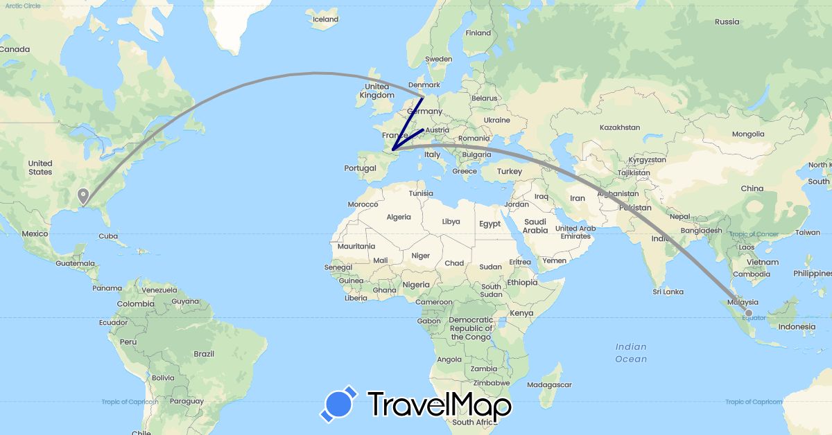 TravelMap itinerary: driving, plane in Germany, France, Malaysia, Singapore, United States (Asia, Europe, North America)
